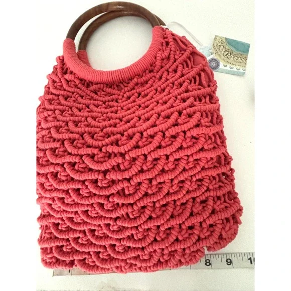 Sigrid Olsen Handcrafted Coral Crochet Tote Wooden Handles Resort Bag Lined NWT - Picture 8 of 16